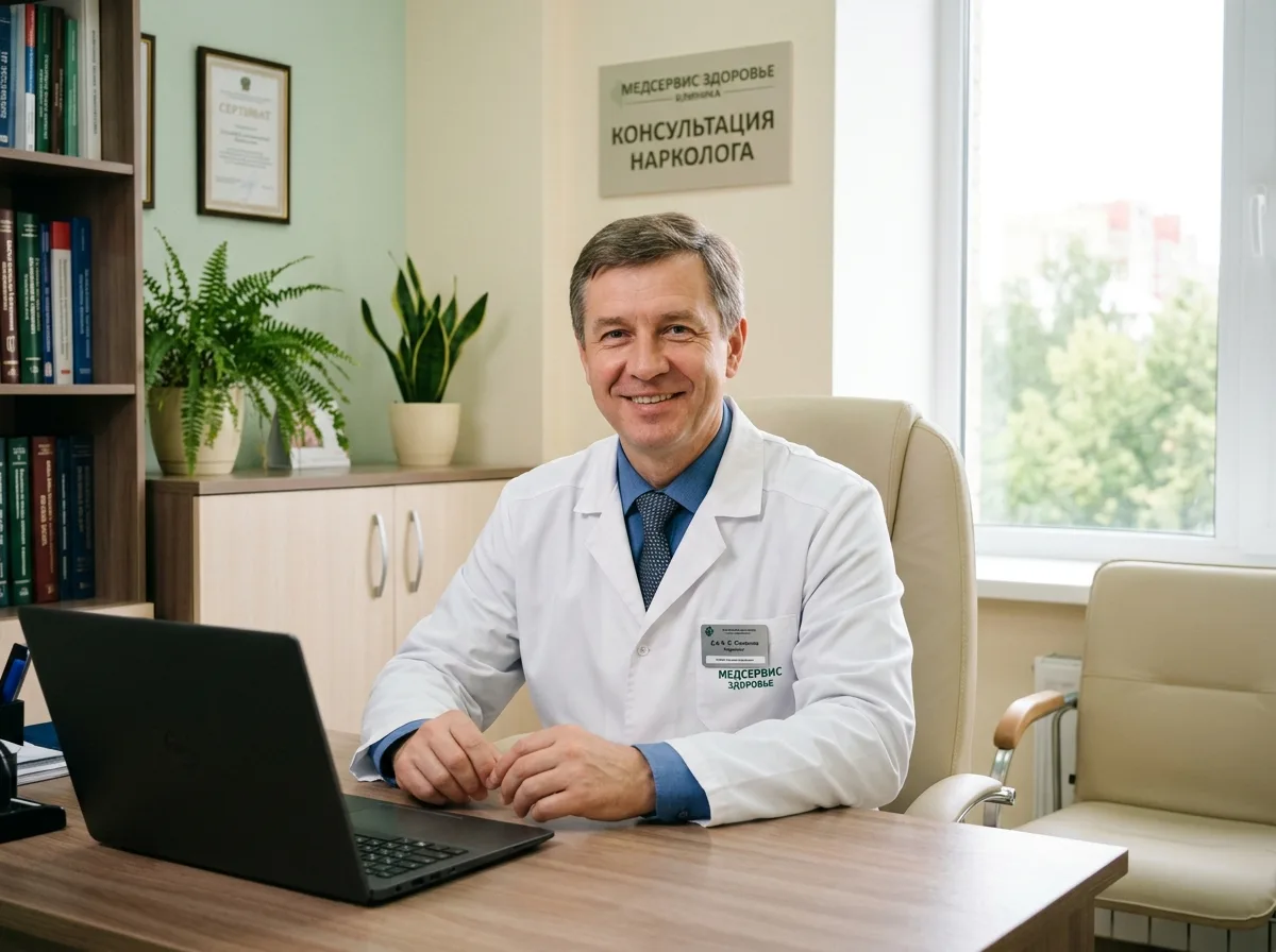 Врач-нарколог клиники МедСервис Здоровье — уверенный мужчина в белом халате, светлый медицинский кабинет, дружелюбная атмосфера доверия