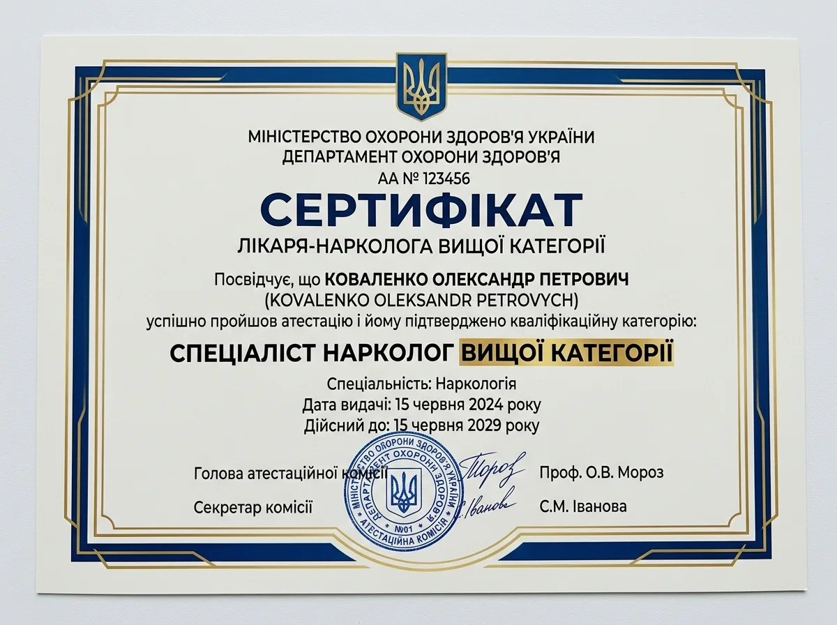 Сертификат специалиста врача-нарколога высшей категории на белом фоне с синей гербовой печатью медицинского ведомства